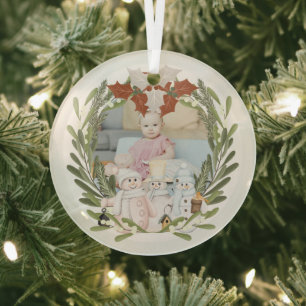 Christmas Personalized Snowmen Photo Frame Glass Ornament