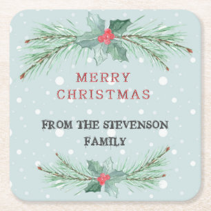 Christmas, Personalized, Spruce, mistletoe Square Paper Coaster