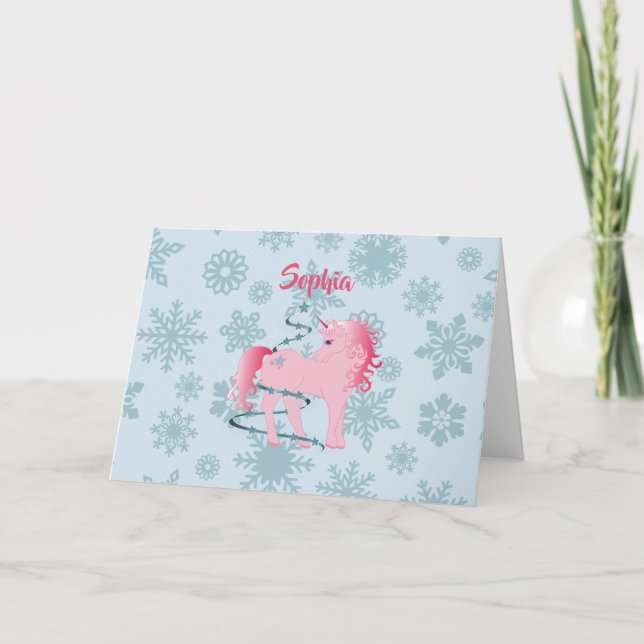 Christmas Personalized Unicorn Pink Girl Snowflake Holiday Card (Front)