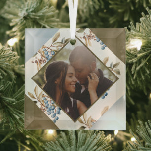 Christmas Personalized Winter Berry Photo Glass Ornament