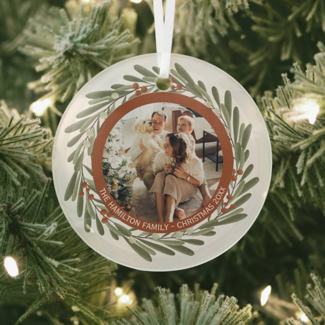 Christmas Personalized Wreath Photo Frame Glass Ornament (Insitu)