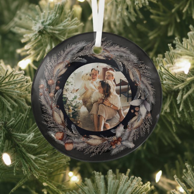 Christmas Personalized Wreath Photo Frame Glass Ornament (Insitu)