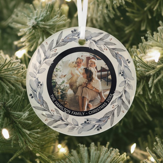 Christmas Personalized Wreath Photo Frame Glass Ornament (Insitu)