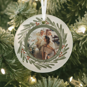 Christmas Personalized Wreath Photo Frame Glass Ornament