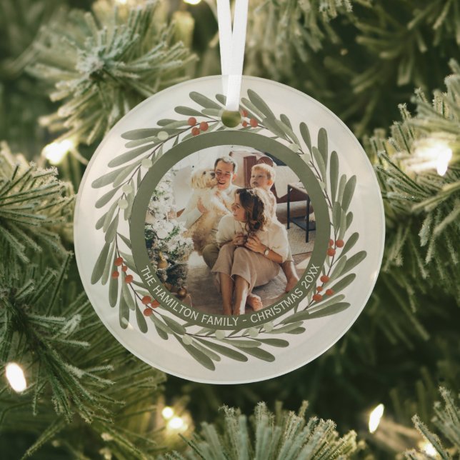 Christmas Personalized Wreath Photo Frame Glass Ornament (Insitu)