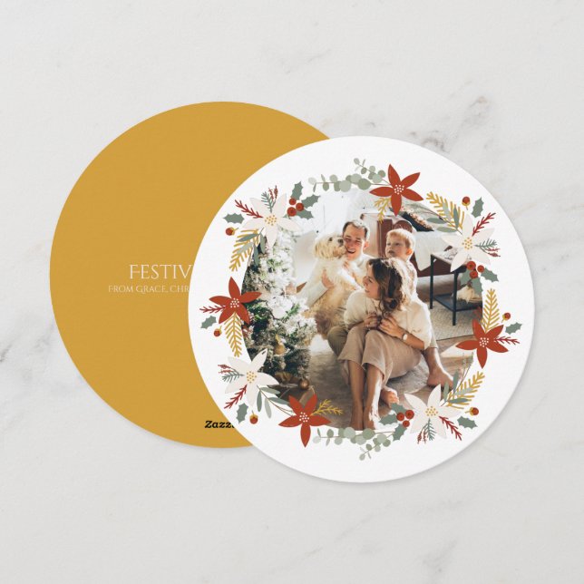 Christmas Personalized Wreath Photo Frame Round Holiday Card (Front/Back)