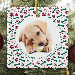 Christmas Pet 2 Dog Photo Paw Prints Personalized Ceramic Ornament