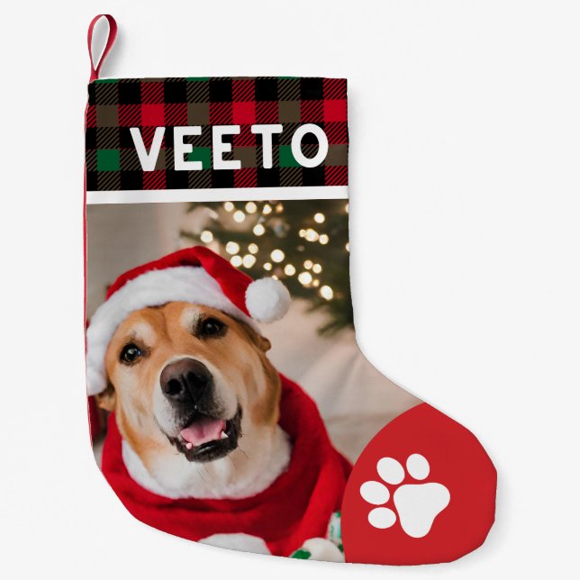 Christmas pet photo custom dog lovers red plaid  small christmas stocking (Front)