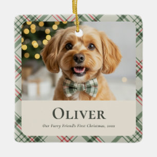 Christmas Pet Photo & Name Elegant Plaid Keepsake Ceramic Ornament