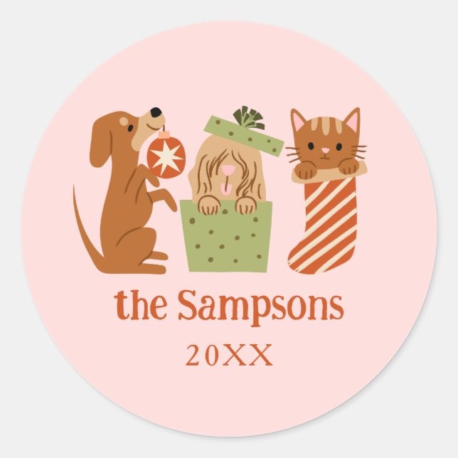 Christmas Pets Pink Classic Round Sticker (Front)