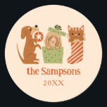 Christmas Pets Yellow Classic Round Sticker<br><div class="desc">Cute and festive Christmas favour sticker featuring hand drawn illustration of cats and dogs in holiday theme. The background is yellow.</div>