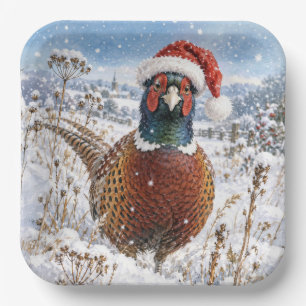 Christmas Pheasant in Winter Field Paper Plate