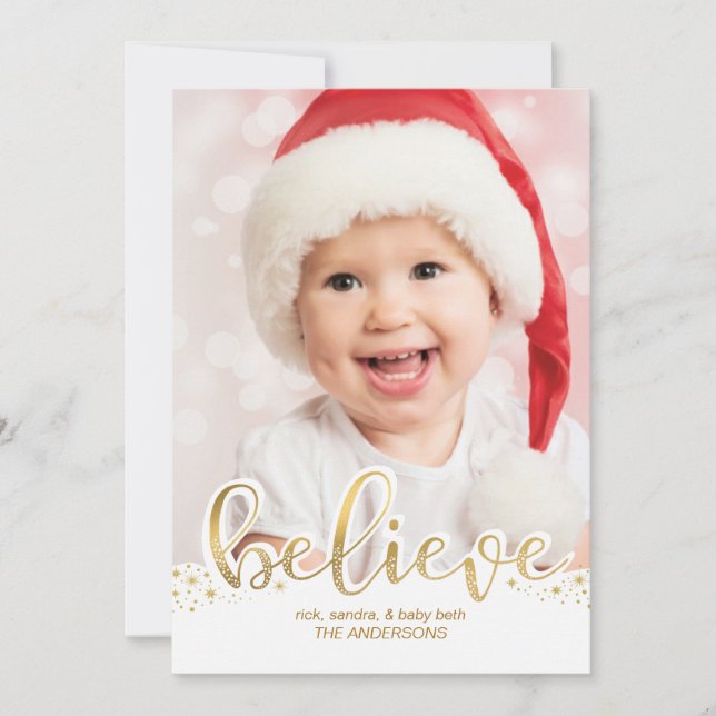 Christmas Photo | Believe Faux Gold Foil Effect Holiday Card (Front)