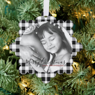 Christmas Photo Black White Plaid Gingham Pattern Ornament Card