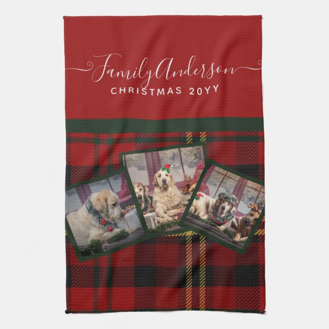 Christmas PHOTO Blanket - Red Tartan Collage  Kitchen Towel (Vertical)