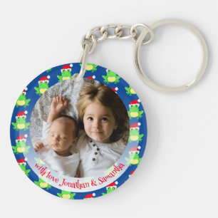 Christmas Photo Blue Frog Santa Hat Pattern Keychain