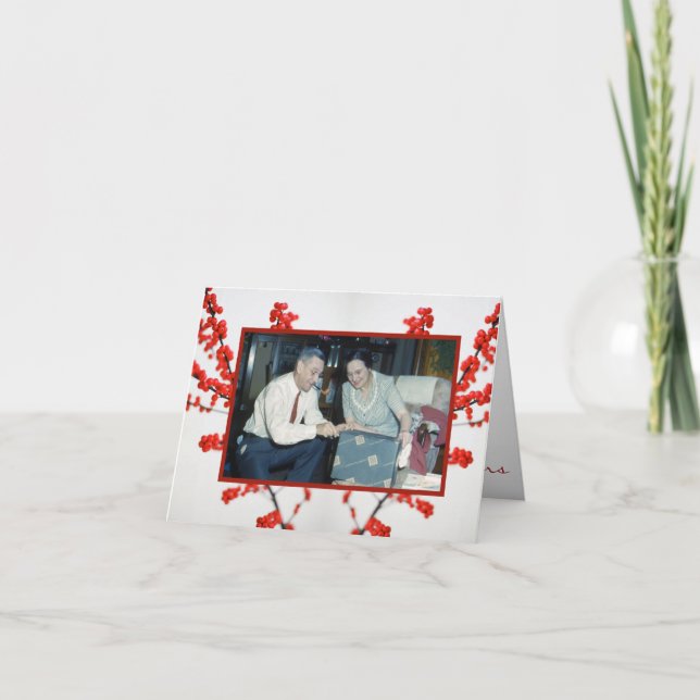 Christmas photo card, holly red berry holiday card (Front)