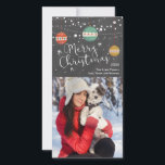 Christmas photo card with ornaments on chalkboard<br><div class="desc">Christmas photo card with ornaments and string lights on a chalkboard background. Colourful ornaments hang from the top of the card with white string lights. The message reads, "Merry Christmas". You can add your own photo, year, family name and names. You can click on the customize link to shift your...</div>