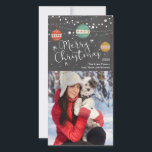 Christmas photo card with ornaments on chalkboard<br><div class="desc">Christmas photo card with ornaments and string lights on a chalkboard background. Colourful ornaments hang from the top of the card with white string lights. The message reads, "Merry Christmas". You can add your own photo, year, family name and names. You can click on the customize link to shift your...</div>