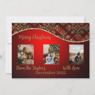 Christmas Photo Card with Red Gold Glittery Border