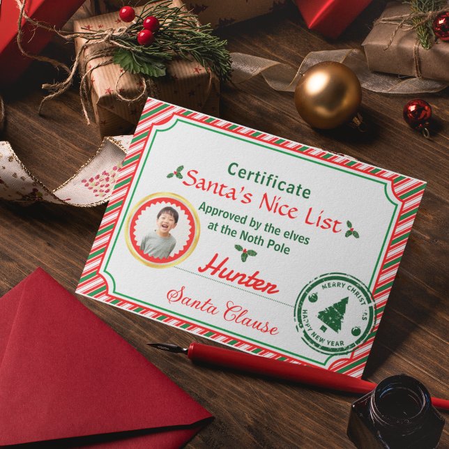 Christmas Photo Certificate Santa Nice List Card (Creator Uploaded)
