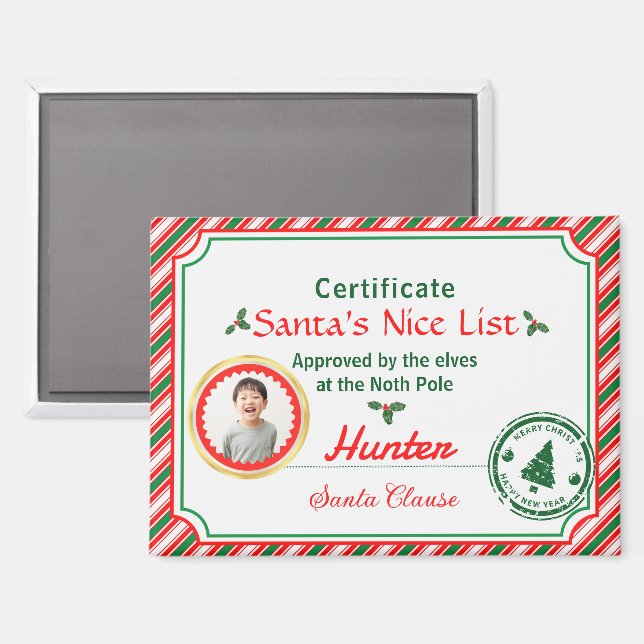 Christmas Photo Certificate Santa Nice List  Magnet (Front/Back)