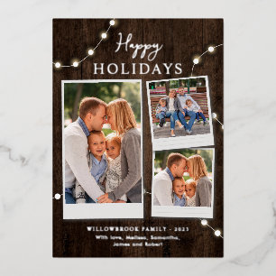 Christmas Photo Collage and Fairy Lights Silver Foil Holiday Card