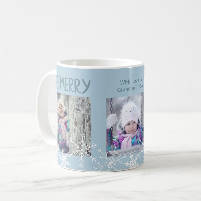 Christmas Photo Collage Be Merry Snowflakes Blue Coffee Mug (Front Left)