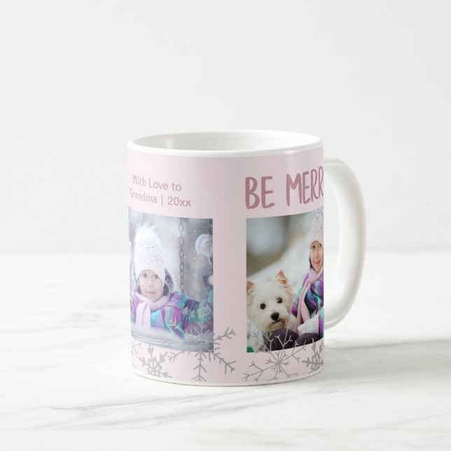 Christmas Photo Collage Be Merry Snowflakes Pink Coffee Mug (Front Right)
