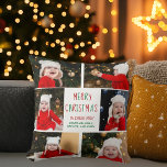 Christmas Photo Collage Beautiful Personalized Throw Pillow<br><div class="desc">This cute, modern Merry Christmas throw pillow features a classy layout of 6 family photos on a white background with pretty red and green typography. This beautiful kids photo holiday decor gift features your own child's photograph collage surrounding your festive message and family name in green.</div>