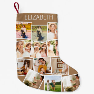 Christmas Photo Collage Customizable Name Brown Small Christmas Stocking