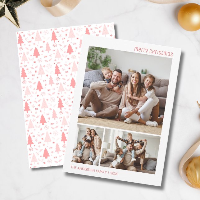 Christmas Photo Collage Family Pink Holiday Card (Christmas Photo Collage Family Pink Holiday Card)