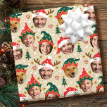 Christmas Photo Collage Festive Funny Face Beige Wrapping Paper<br><div class="desc">Make your gifts stand out this holiday season with custom photo wrapping paper! This fun face-in-a-hole template is personalized with five of your favourite photos set inside whimsical hat frames. Featuring festive Santa hats, cute elf styles, and reindeer antlers, with a background of Christmas trees, berries, snowflakes, and stars. This...</div>