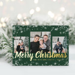 Christmas Photo Collage Gold Foil Holiday Card<br><div class="desc">Christmas Photo Collage Gold Foil Holiday Card. This elegant Merry Christmas postcard features a festive frame overlay of white snowflakes with real gold foil on a green background with a photo collage of 3 images. The back includes a 4th photo and additional text for personalizing. Find matching items in the...</div>