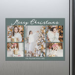 Christmas Photo Collage Grey Green Magnet Card<br><div class="desc">Modern grey green Merry Christmas magnet cards with chic handwritten scrawl above your family photo collage of your 5 favourite 2025 pictures. Chic and contemporary Christmas magnetic card featuring one vertical photograph in the centre and 4 square pictures on the sides.</div>