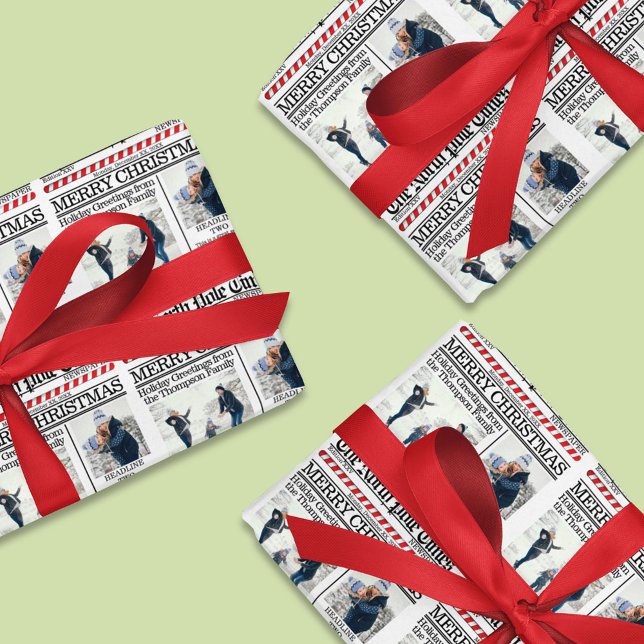 Christmas Photo Collage Holiday Red Newspaper Wrapping Paper Sheet (Christmas whimsical photo newspaper print custom wrapping paper.)