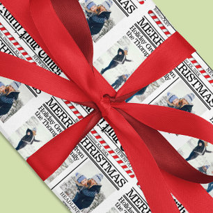 Christmas Photo Collage Holiday Red Newspaper Wrapping Paper Sheet
