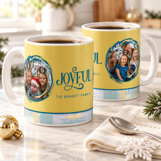 Christmas Photo Collage Joyful Blue & Gold Coffee Mug
