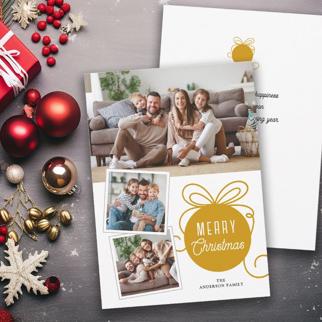 Christmas Photo Collage Tree Ornament Gold Holiday Card (Creator Uploaded)