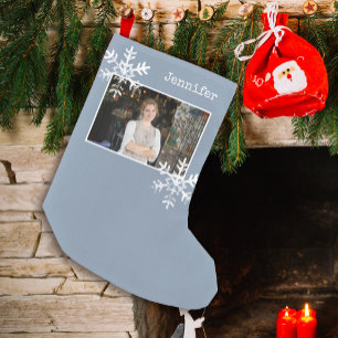 Christmas Photo Dusty Blue Distressed Snowflakes Small Christmas Stocking