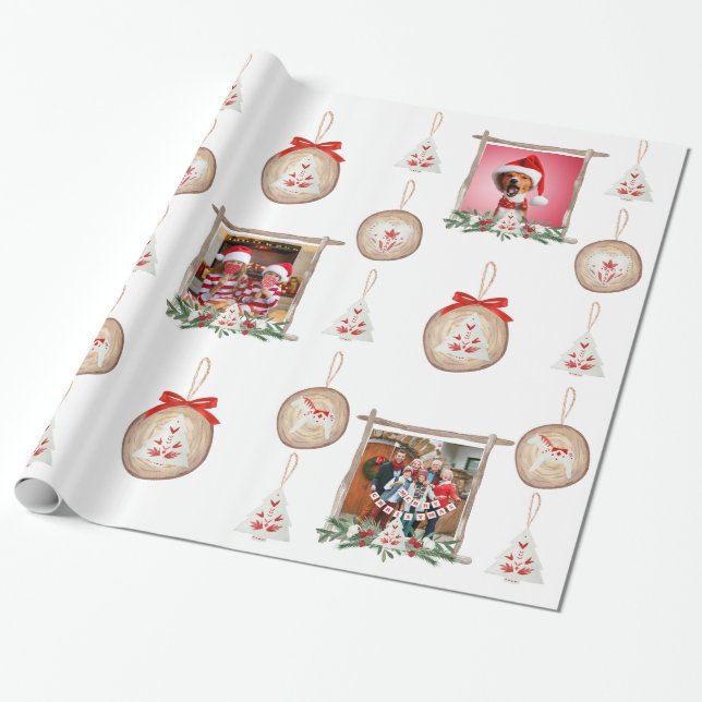 Christmas Photo Frame & Ornaments Wrapping Paper (Unrolled)