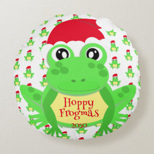 Christmas Photo Frog Santa Hat Pattern White Cute Round Pillow