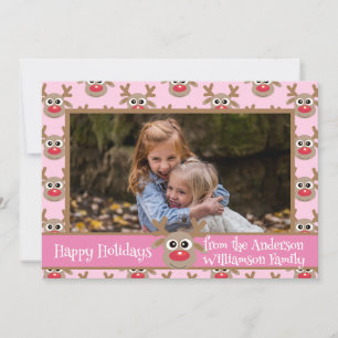 Christmas Photo Girly Pink Cute Reindeer Pattern Holiday Card