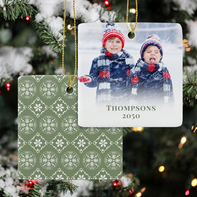 Christmas Photo Green Pattern Personalized Ceramic Ornament (Customize this template for a beautiful Christmas holiday decor. )