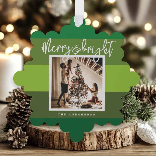 Christmas Photo Green Stripes Holiday Ornament Card (Creator Uploaded)