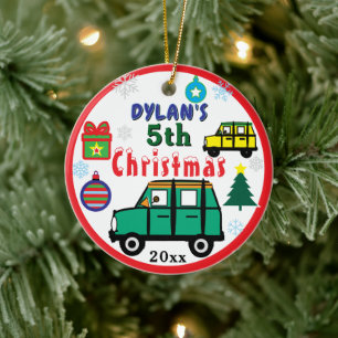 Christmas PHOTO Green Yellow Cars Boy Ceramic Ornament