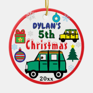 Christmas PHOTO Green Yellow Cars Boy Ceramic Ornament