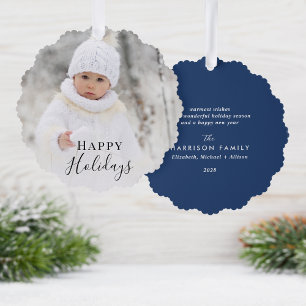 Christmas Photo Happy Holidays Blue Ornament Card