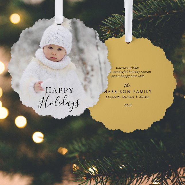 Christmas Photo Happy Holidays Gold Ornament Card (Share the love and warmth of the holiday season with a photo paper ornament card)
