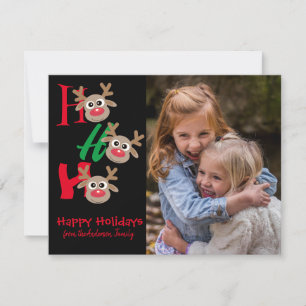 Christmas Photo Ho Ho Ho Cartoon Reindeer Black Holiday Card